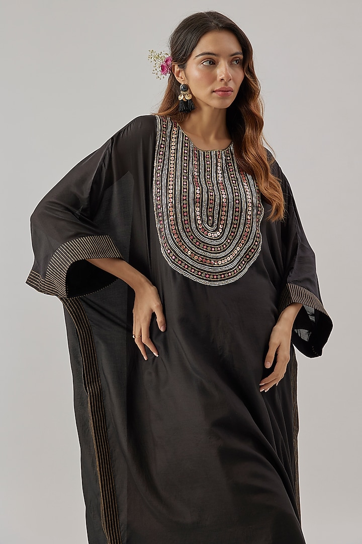 Black Silk Sequins Embroidered Kaftan Set by Cupid Cotton at Pernia's Pop Up Shop
