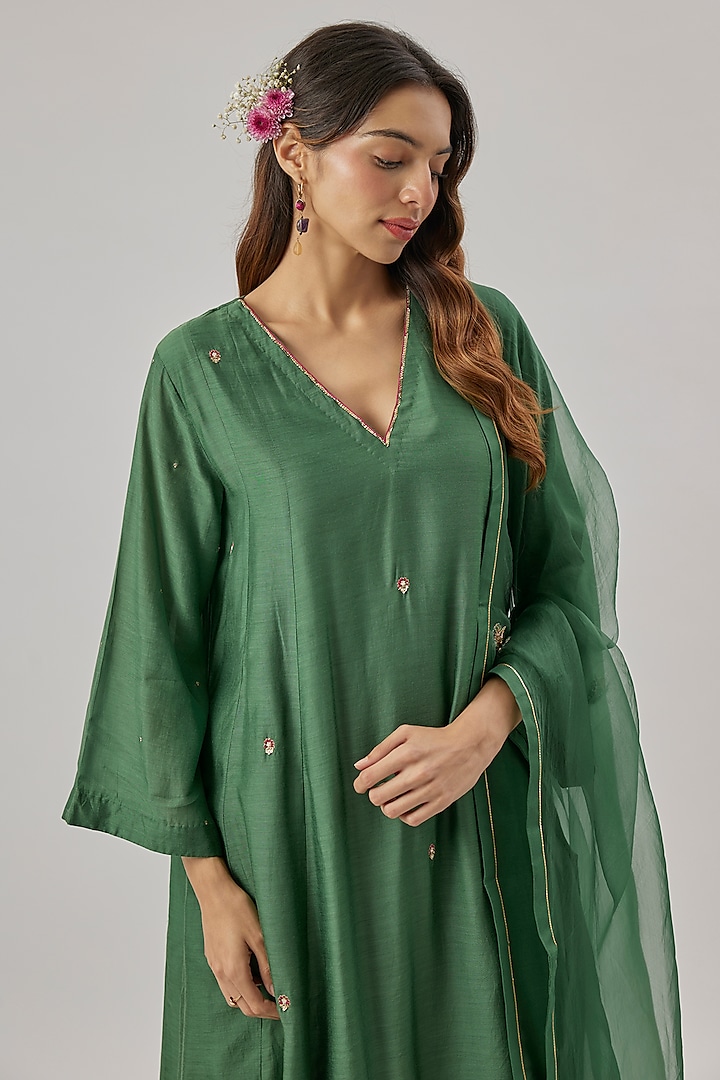 Green Silk Sequins Embroidered Kurta Set by Cupid Cotton at Pernia's Pop Up Shop