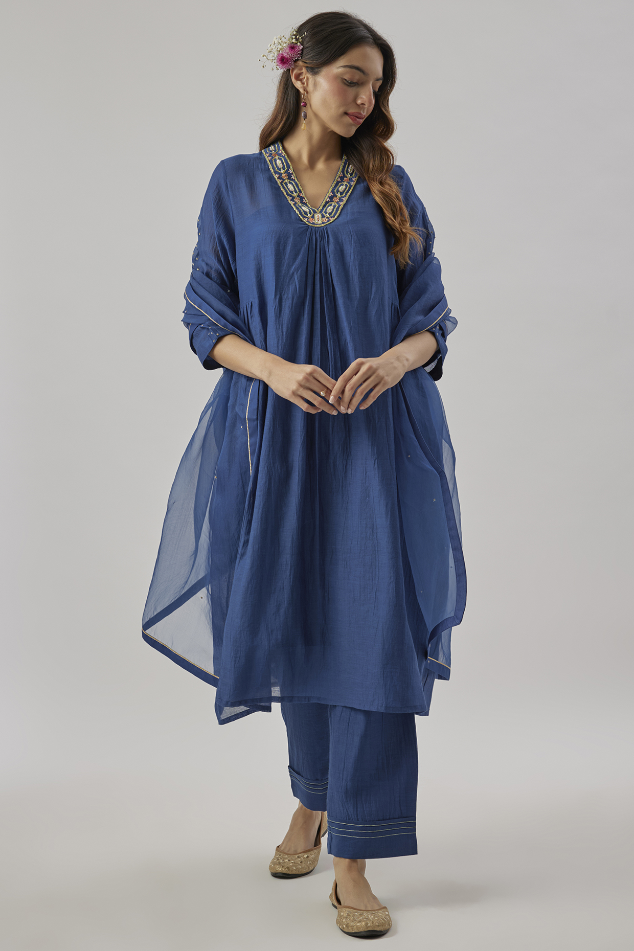 Blue Chanderi Silk Zari Embroidered Kurta Set by Cupid Cotton at Pernia's Pop Up Shop