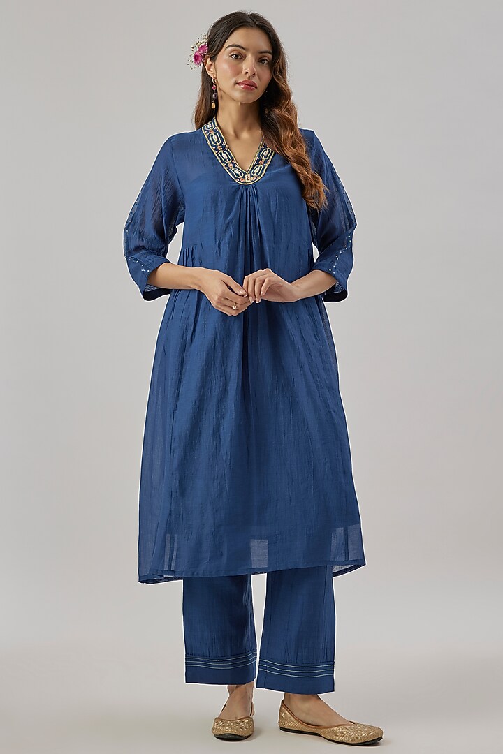 Blue Chanderi Silk Zari Embroidered Kurta Set by Cupid Cotton at Pernia's Pop Up Shop