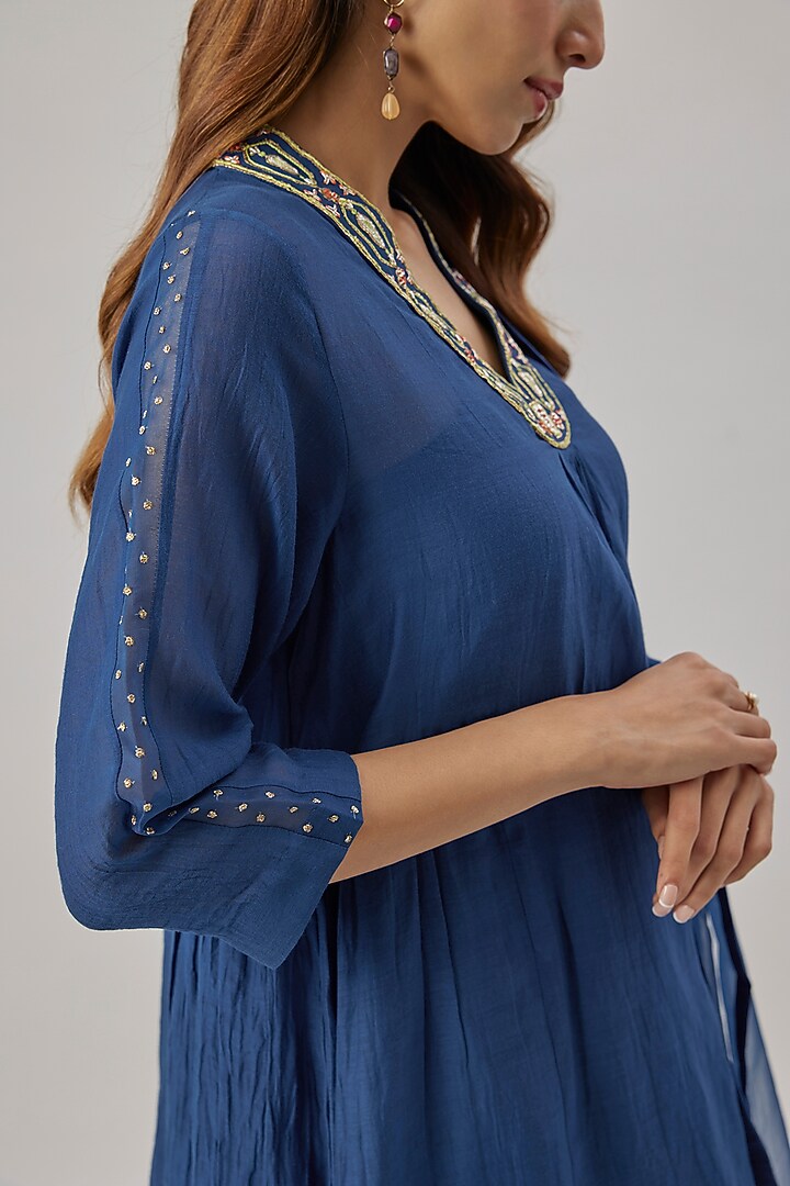 Blue Chanderi Silk Zari Embroidered Kurta Set by Cupid Cotton at Pernia's Pop Up Shop