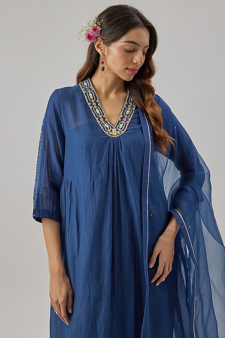 Blue Chanderi Silk Zari Embroidered Kurta Set by Cupid Cotton at Pernia's Pop Up Shop