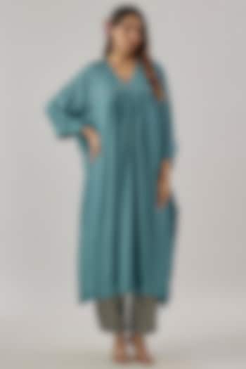 Teal Blue Silk Pitta Embroidered Kaftan Set by Cupid Cotton at Pernia's Pop Up Shop