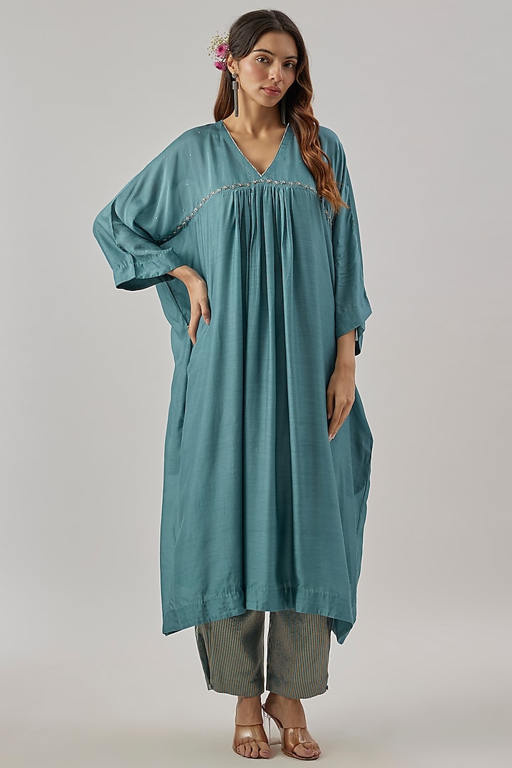 Teal Blue Silk Pitta Embroidered Kaftan Set by Cupid Cotton at Pernia's Pop Up Shop