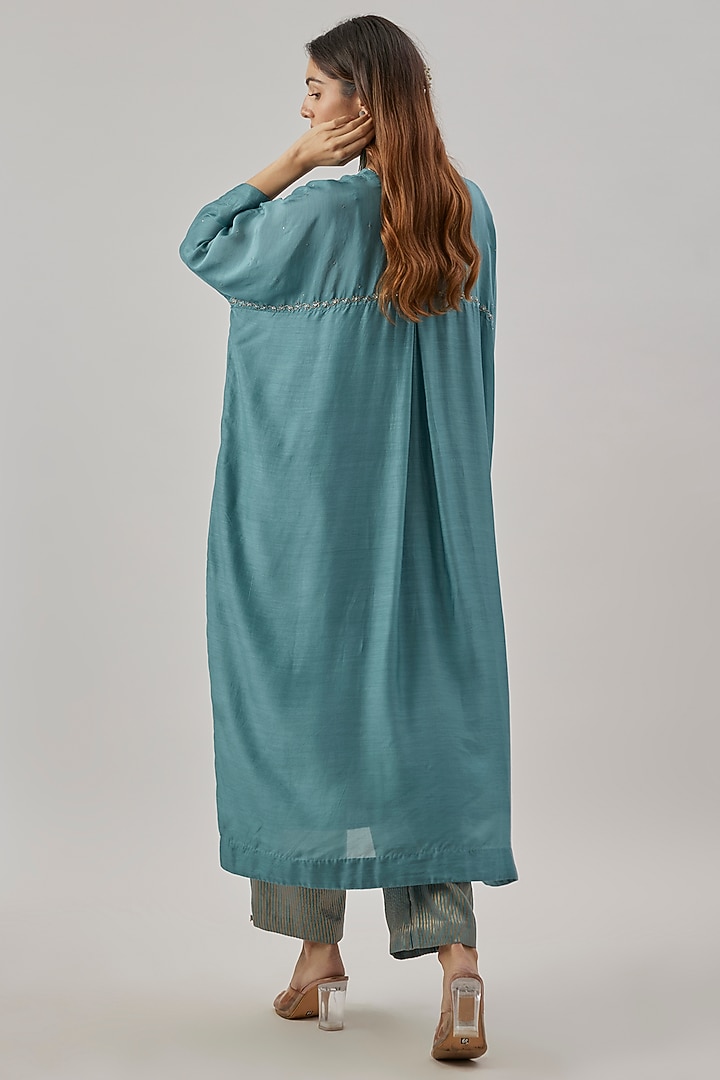 Teal Blue Silk Pitta Embroidered Kaftan Set by Cupid Cotton at Pernia's Pop Up Shop