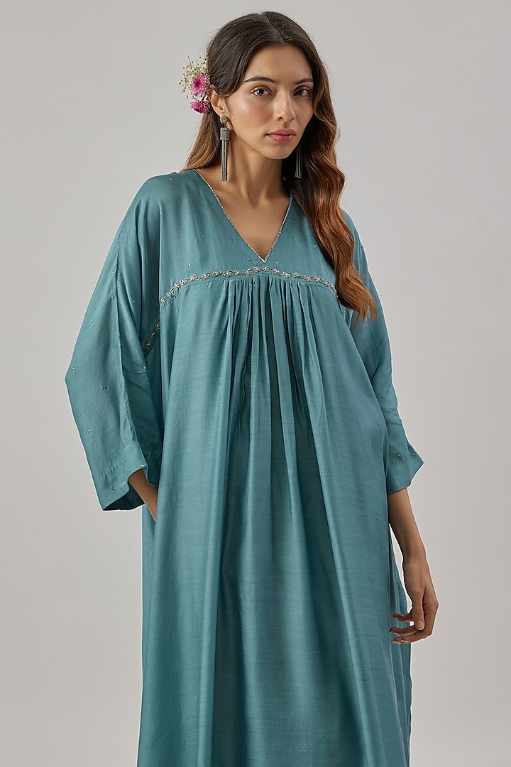 Teal Blue Silk Pitta Embroidered Kaftan Set by Cupid Cotton at Pernia's Pop Up Shop