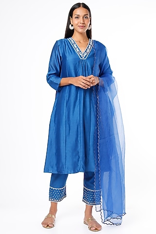 Cobalt Blue Embroidered Kurta Set by Cupid Cotton