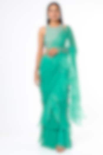 Teal Green Embroidered Party Wear Saree Set by Cupid Cotton at Pernia's Pop Up Shop