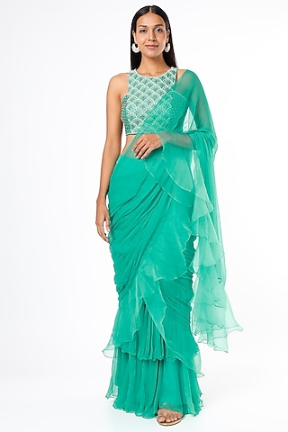 Teal Green Embroidered Saree Set by Cupid Cotton