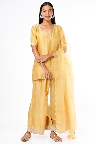 Rusty Gold Embroidered Kurta Set by Cupid Cotton