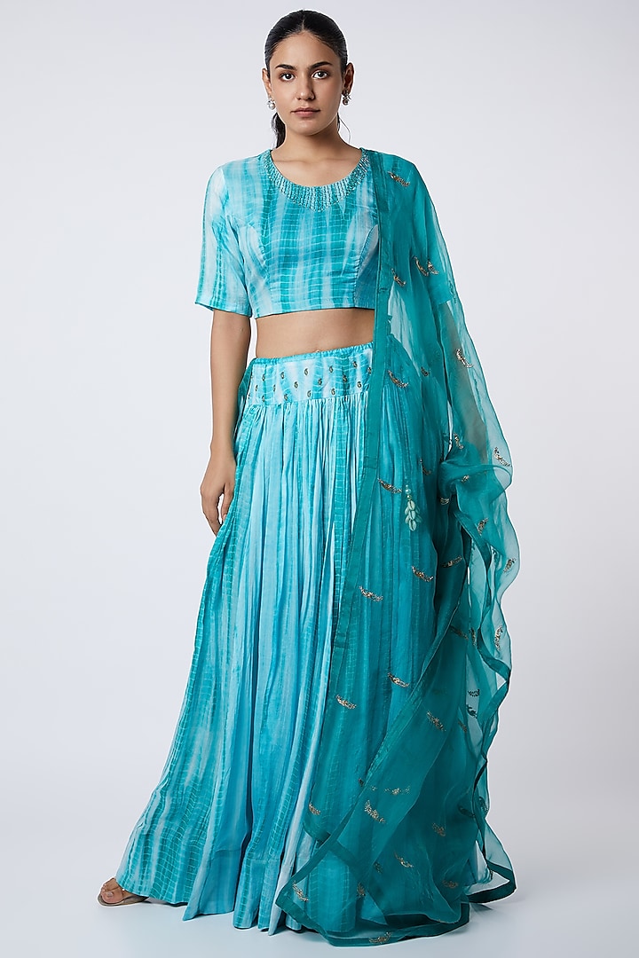 Turquoise Hand Embroidered Lehenga Set by Cupid Cotton