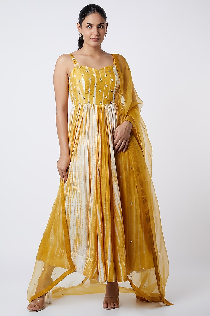 Yellow Tie-Dye Anarkali Set by Cupid Cotton