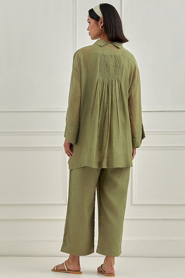 Olive Green Mul Chanderi Pitta Embroidered Co-Ord Set by Cupid Cotton at Pernia's Pop Up Shop