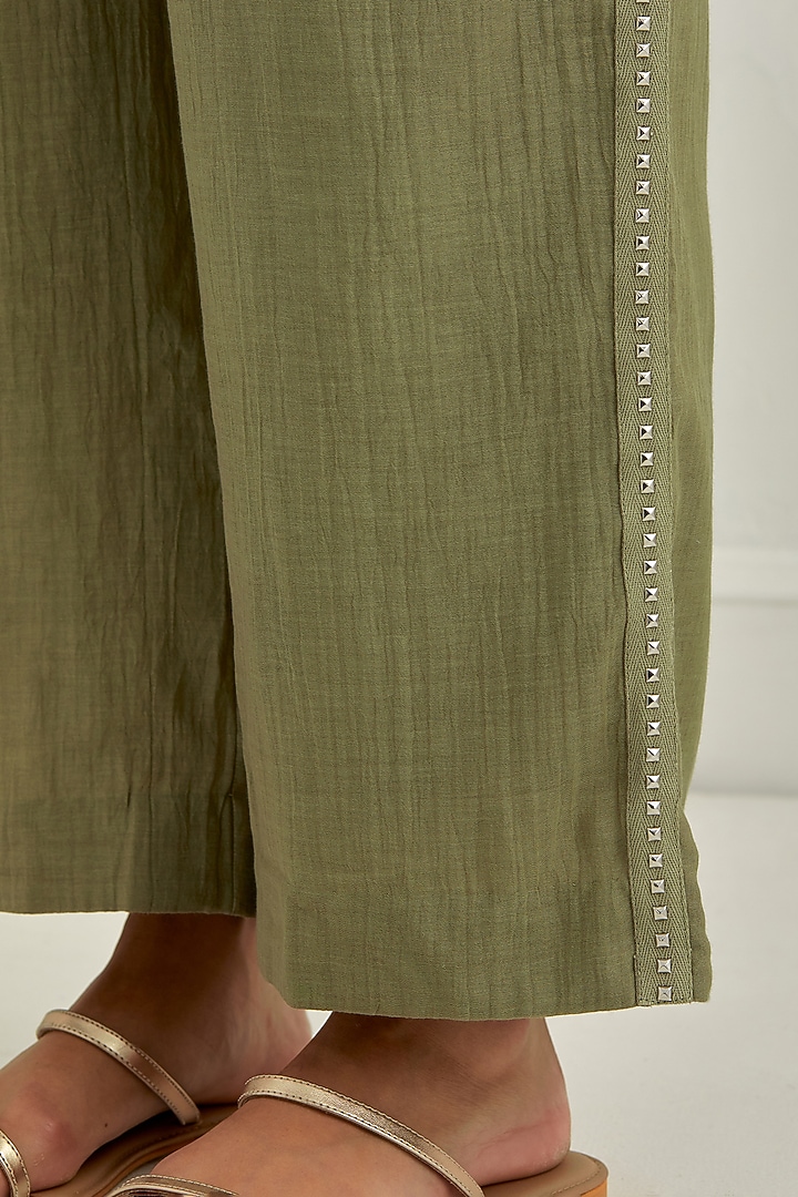 Olive Green Mul Chanderi Pitta Embroidered Co-Ord Set by Cupid Cotton at Pernia's Pop Up Shop