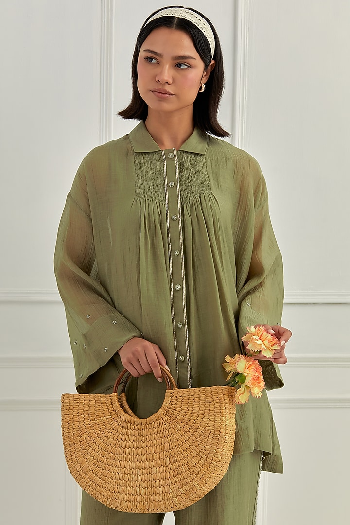Olive Green Mul Chanderi Pitta Embroidered Co-Ord Set by Cupid Cotton at Pernia's Pop Up Shop