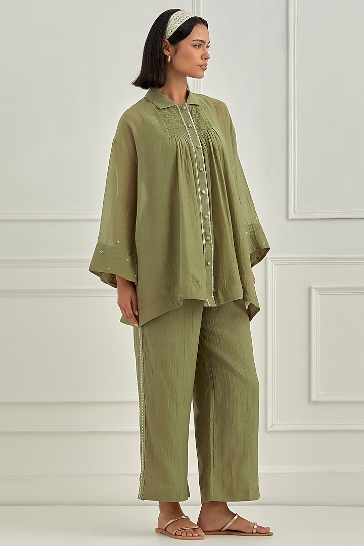 Olive Green Mul Chanderi Pitta Embroidered Co-Ord Set by Cupid Cotton at Pernia's Pop Up Shop