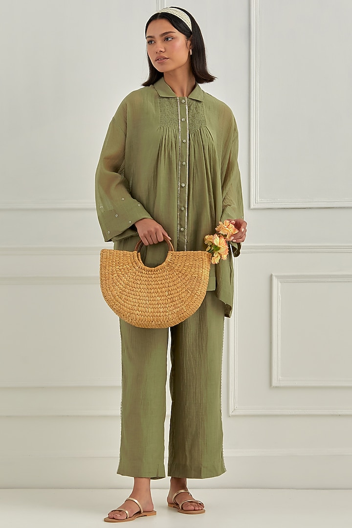 Olive Green Mul Chanderi Pitta Embroidered Co-Ord Set by Cupid Cotton at Pernia's Pop Up Shop