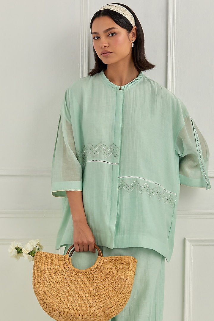 Blue Mul Chanderi Pitta Embroidered Co-Ord Set by Cupid Cotton at Pernia's Pop Up Shop