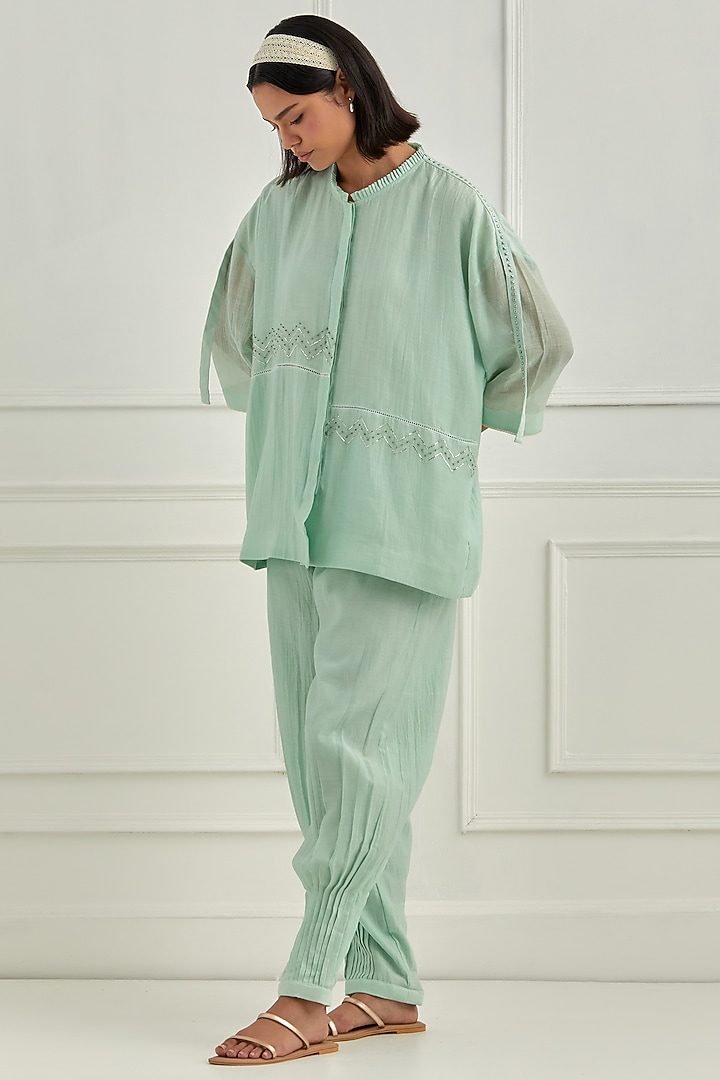 Blue Mul Chanderi Pitta Embroidered Co-Ord Set by Cupid Cotton at Pernia's Pop Up Shop