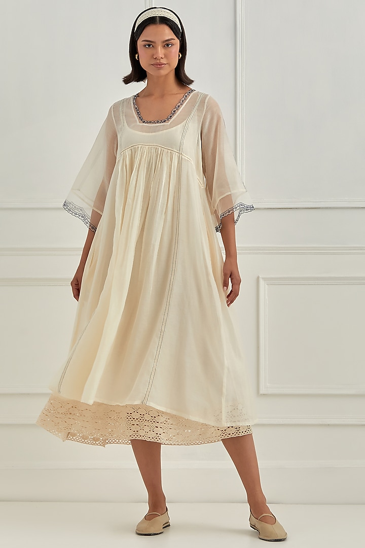Ivory Mul Chanderi Aari Embroidered Summer Dress by Cupid Cotton at Pernia's Pop Up Shop