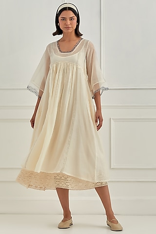 Ivory Mul Chanderi Aari Embroidered Dress by Cupid Cotton