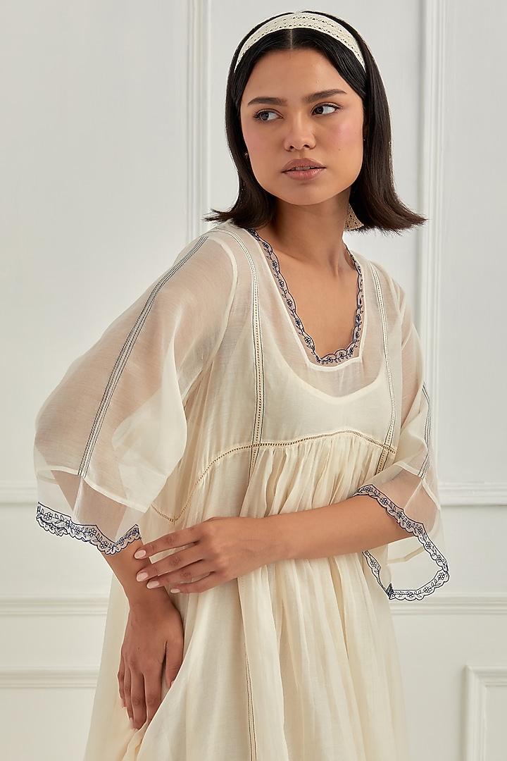 Ivory Mul Chanderi Aari Embroidered Summer Dress by Cupid Cotton at Pernia's Pop Up Shop