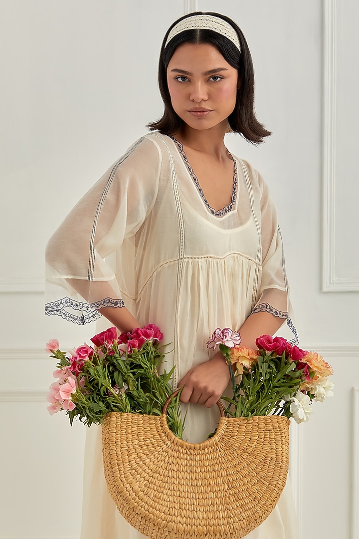 Ivory Mul Chanderi Aari Embroidered Summer Dress by Cupid Cotton at Pernia's Pop Up Shop