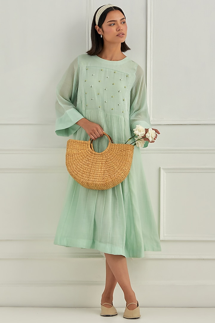 Blue Mul Chanderi Thread Embroidered Vacation Dress by Cupid Cotton at Pernia's Pop Up Shop
