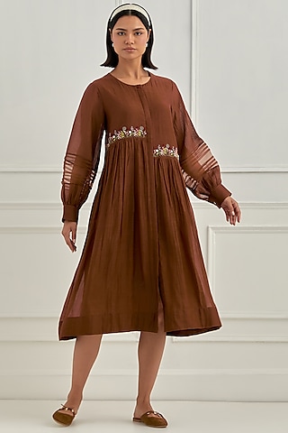 Brown Mul Chanderi Floral Embroidered Dress by Cupid Cotton