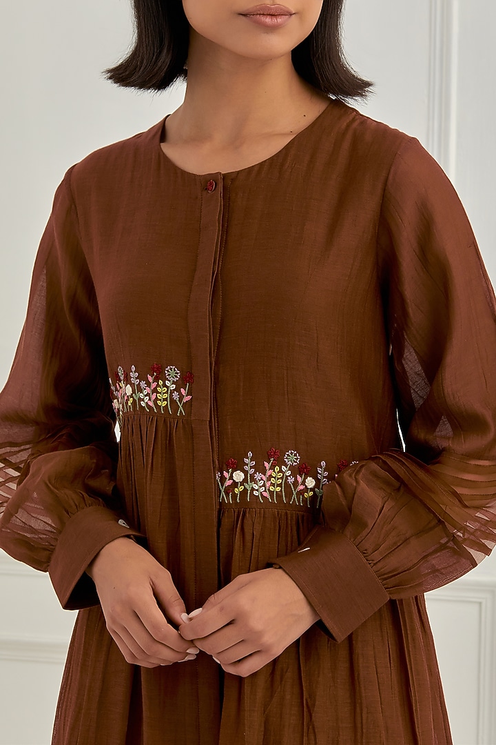 Brown Mul Chanderi Floral Embroidered Vacation Dress by Cupid Cotton at Pernia's Pop Up Shop