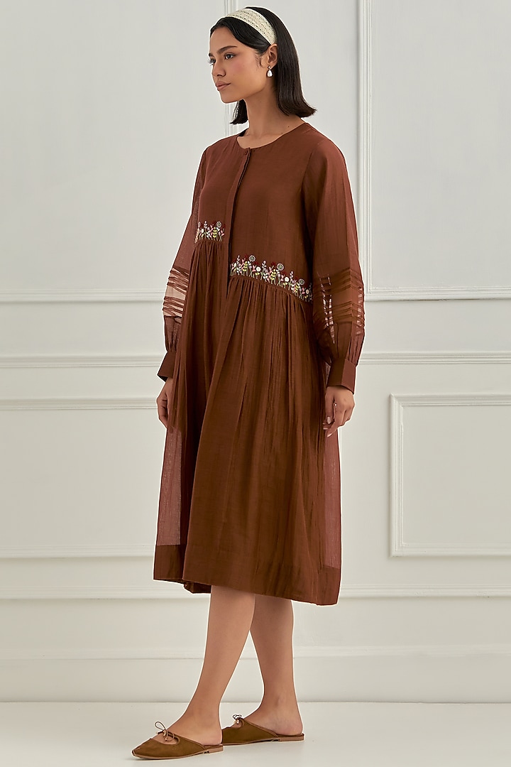 Brown Mul Chanderi Floral Embroidered Vacation Dress by Cupid Cotton at Pernia's Pop Up Shop