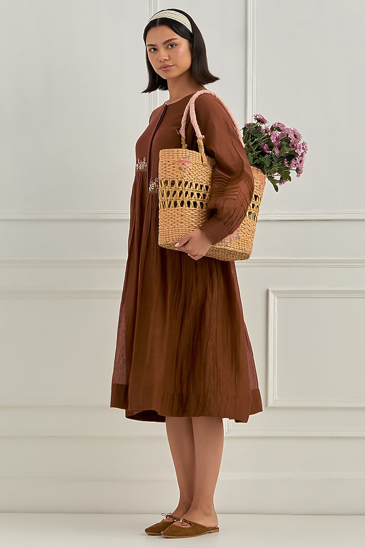 Brown Mul Chanderi Floral Embroidered Vacation Dress by Cupid Cotton at Pernia's Pop Up Shop