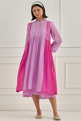 Dusky Purple & Blush Pink Mul Chanderi Floral Embroidered Dress by Cupid Cotton