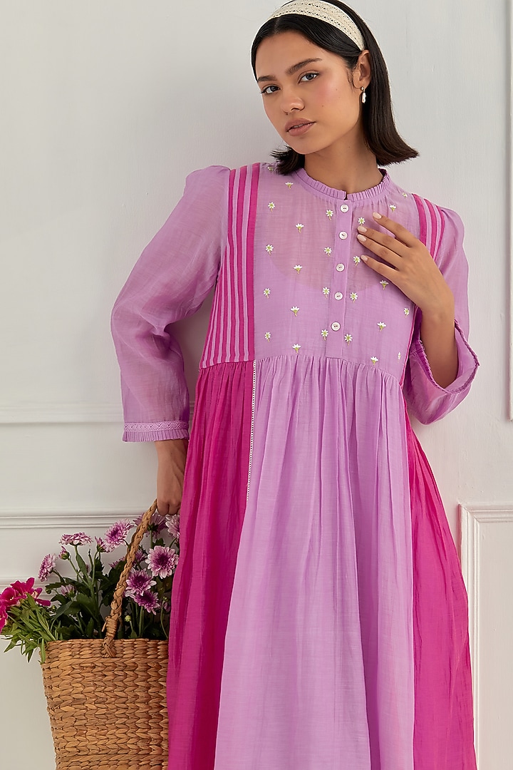 Dusky Purple & Blush Pink Mul Chanderi Floral Embroidered Summer Dress by Cupid Cotton at Pernia's Pop Up Shop