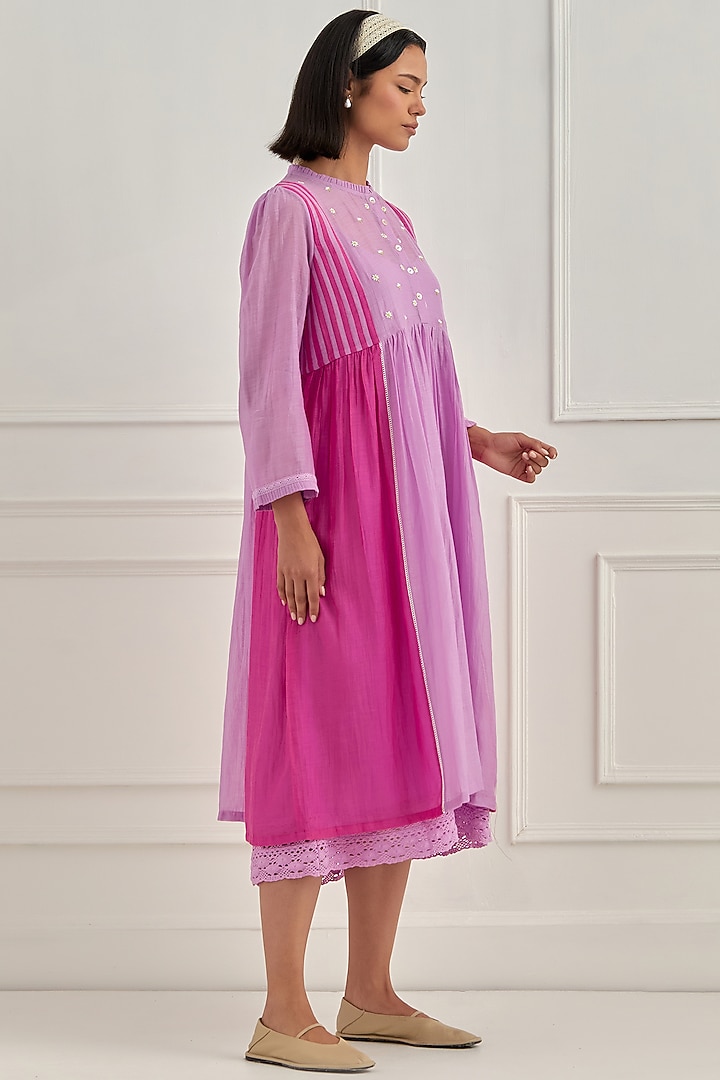 Dusky Purple & Blush Pink Mul Chanderi Floral Embroidered Summer Dress by Cupid Cotton at Pernia's Pop Up Shop