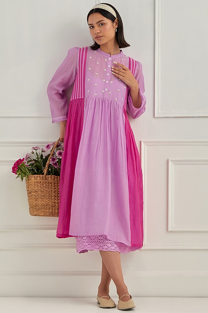 Dusky Purple & Blush Pink Mul Chanderi Floral Embroidered Summer Dress by Cupid Cotton at Pernia's Pop Up Shop