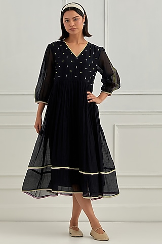 Midnight Black Chanderi Silk & Organza Floral Motifs Embroidered Dress by Cupid Cotton