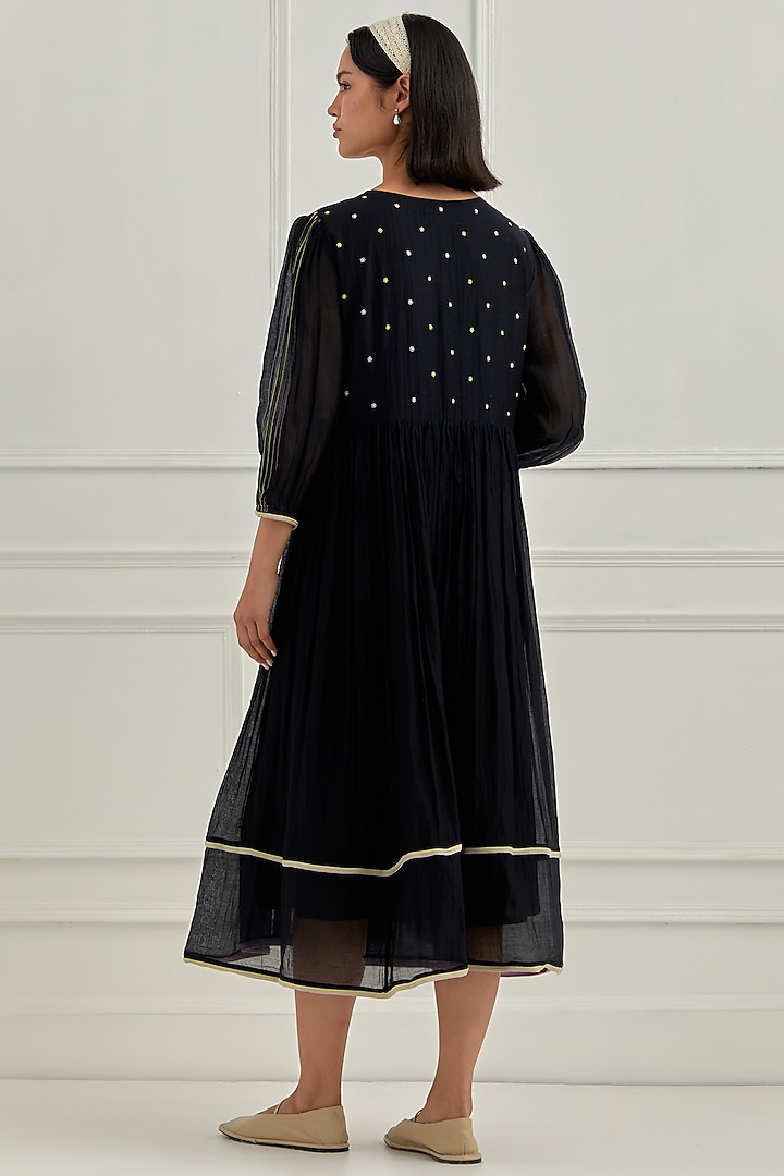 Midnight Black Chanderi Silk & Organza Floral Motifs Embroidered Summer Dress by Cupid Cotton at Pernia's Pop Up Shop