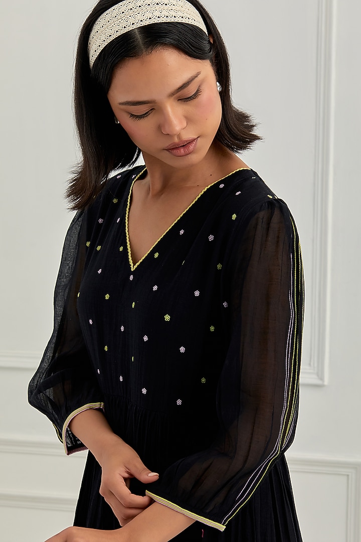 Midnight Black Chanderi Silk & Organza Floral Motifs Embroidered Summer Dress by Cupid Cotton at Pernia's Pop Up Shop