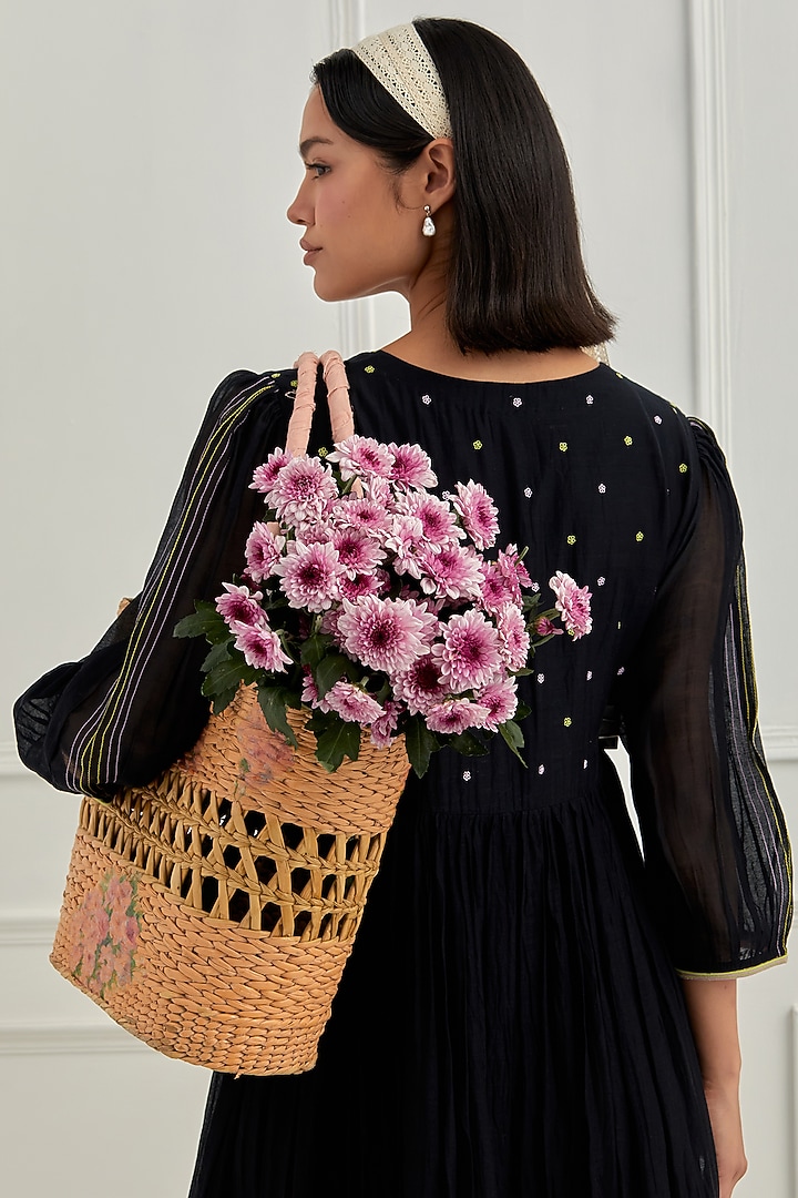 Midnight Black Chanderi Silk & Organza Floral Motifs Embroidered Summer Dress by Cupid Cotton at Pernia's Pop Up Shop
