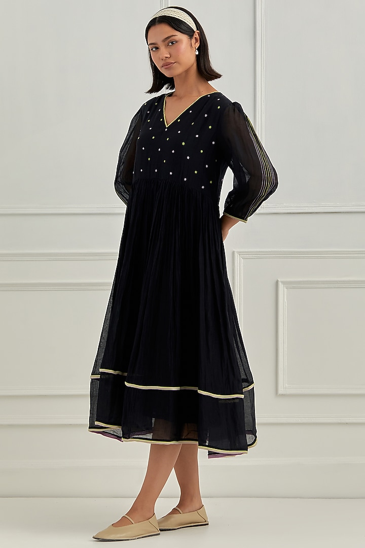 Midnight Black Chanderi Silk & Organza Floral Motifs Embroidered Summer Dress by Cupid Cotton at Pernia's Pop Up Shop