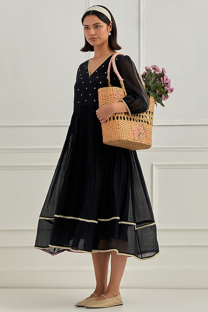 Midnight Black Chanderi Silk & Organza Floral Motifs Embroidered Summer Dress by Cupid Cotton at Pernia's Pop Up Shop