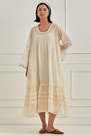 Ivory Mul Chanderi Aari Embroidered Dress by Cupid Cotton