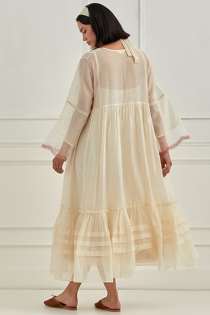 Ivory Mul Chanderi Aari Embroidered Vacation Dress by Cupid Cotton at Pernia's Pop Up Shop