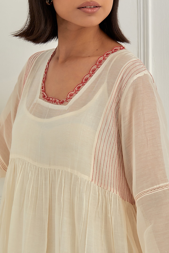 Ivory Mul Chanderi Aari Embroidered Vacation Dress by Cupid Cotton at Pernia's Pop Up Shop