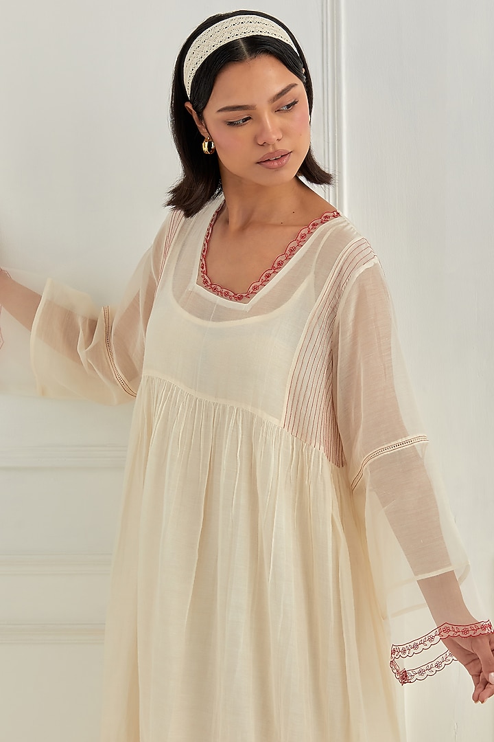 Ivory Mul Chanderi Aari Embroidered Vacation Dress by Cupid Cotton at Pernia's Pop Up Shop