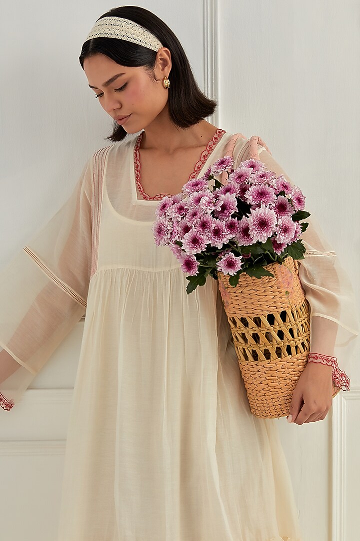 Ivory Mul Chanderi Aari Embroidered Vacation Dress by Cupid Cotton at Pernia's Pop Up Shop