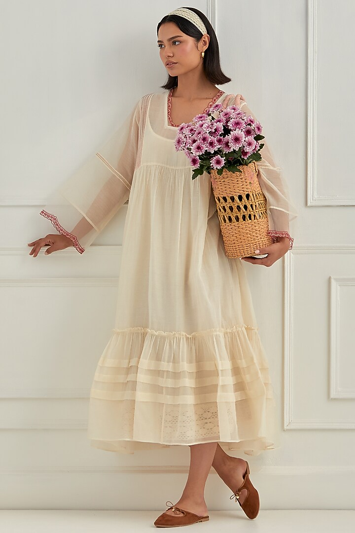 Ivory Mul Chanderi Aari Embroidered Vacation Dress by Cupid Cotton at Pernia's Pop Up Shop