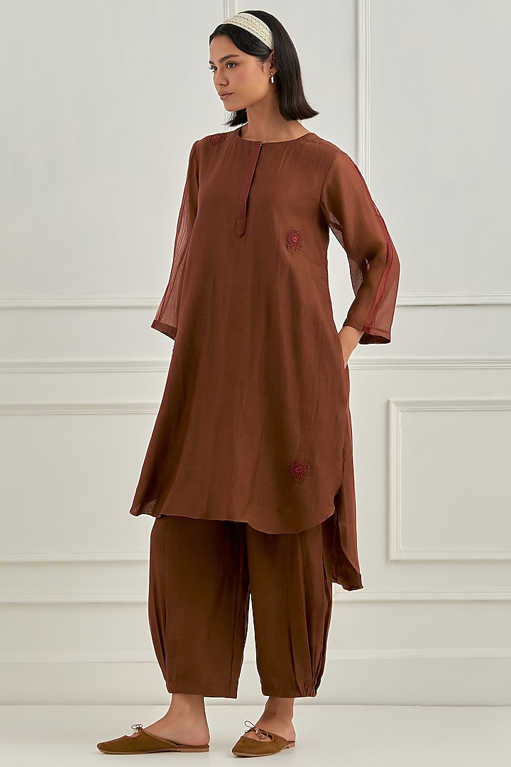 Warm Brown Mul Chanderi Thread Embroidered Co-Ord Set by Cupid Cotton at Pernia's Pop Up Shop