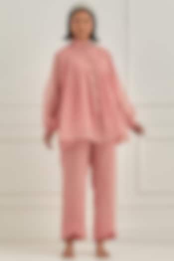 Peach Mul Chanderi Floral Embroidered Co-Ord Set by Cupid Cotton at Pernia's Pop Up Shop